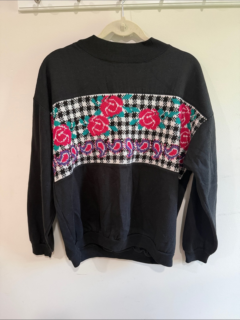 Vintage Black Crewneck Sweater with Pink Rose Knit Panel